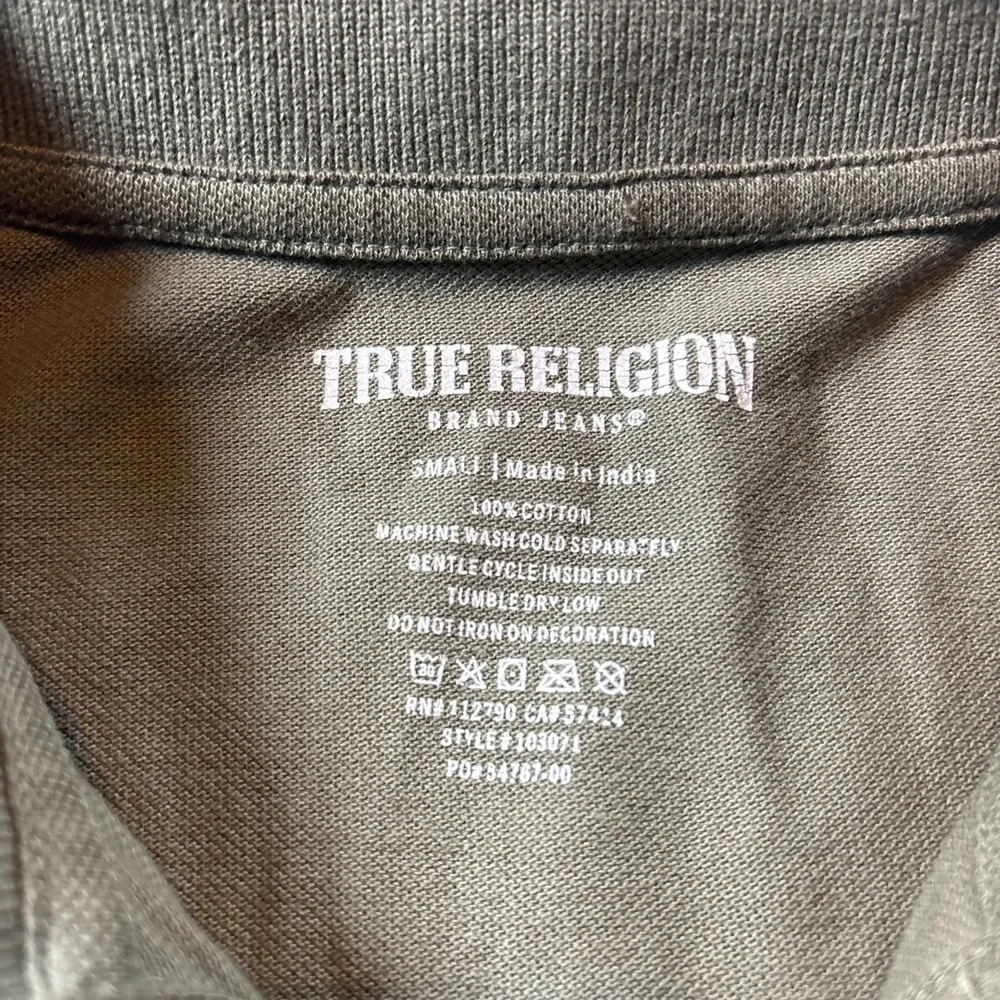 True Religion Men's Polo Shirt Green Sz S Shirt Sleeve Large Back Print Preppy